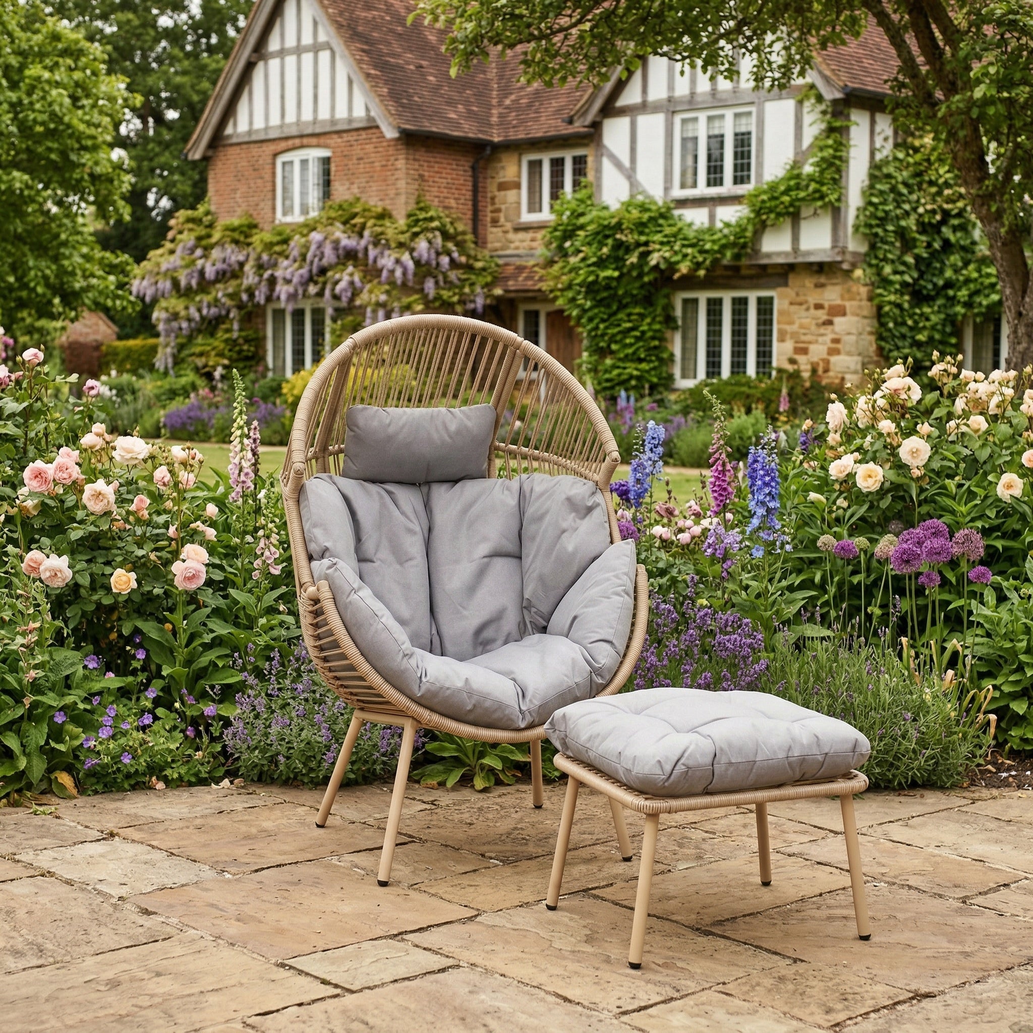 Cragside - Standing Egg Chair & Footstool in Grey on Natural