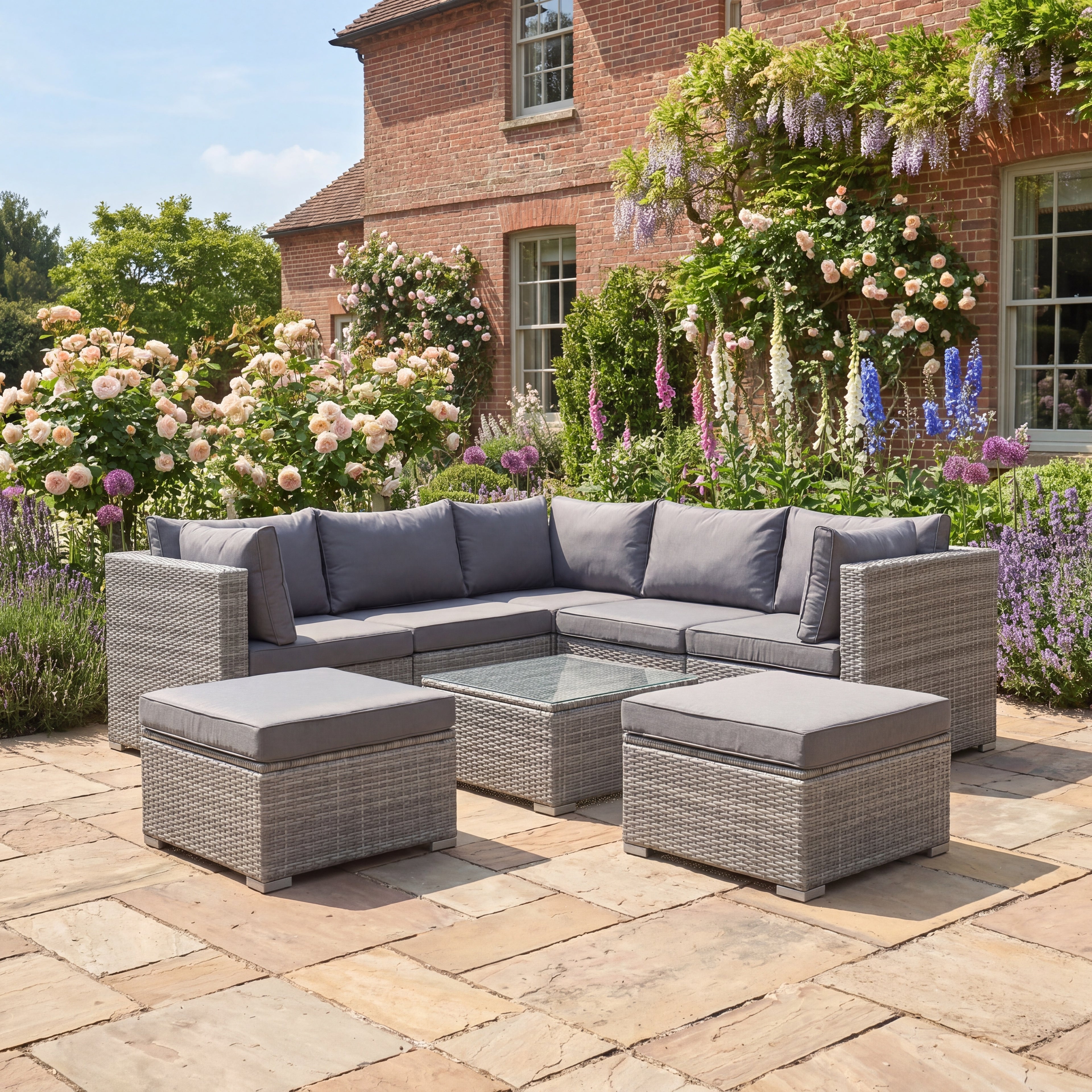 Anglesey - 7 Seat L-Shape Modular Set in Grey on Grey