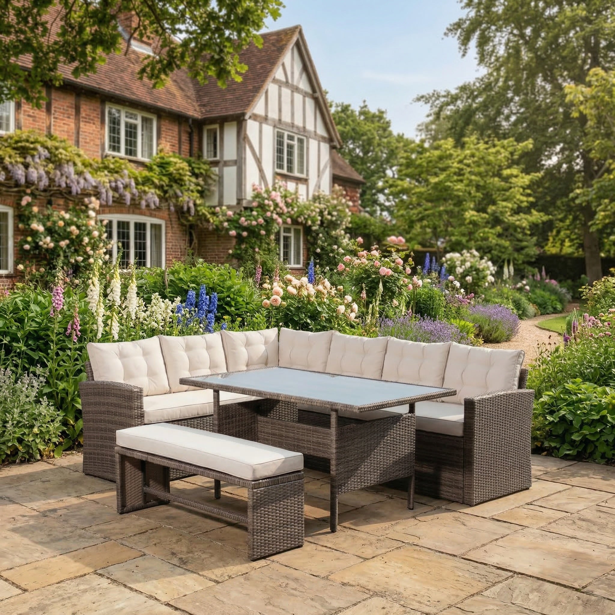 Montacute - Corner, Bench & Table Dining Set in Cream on Brown