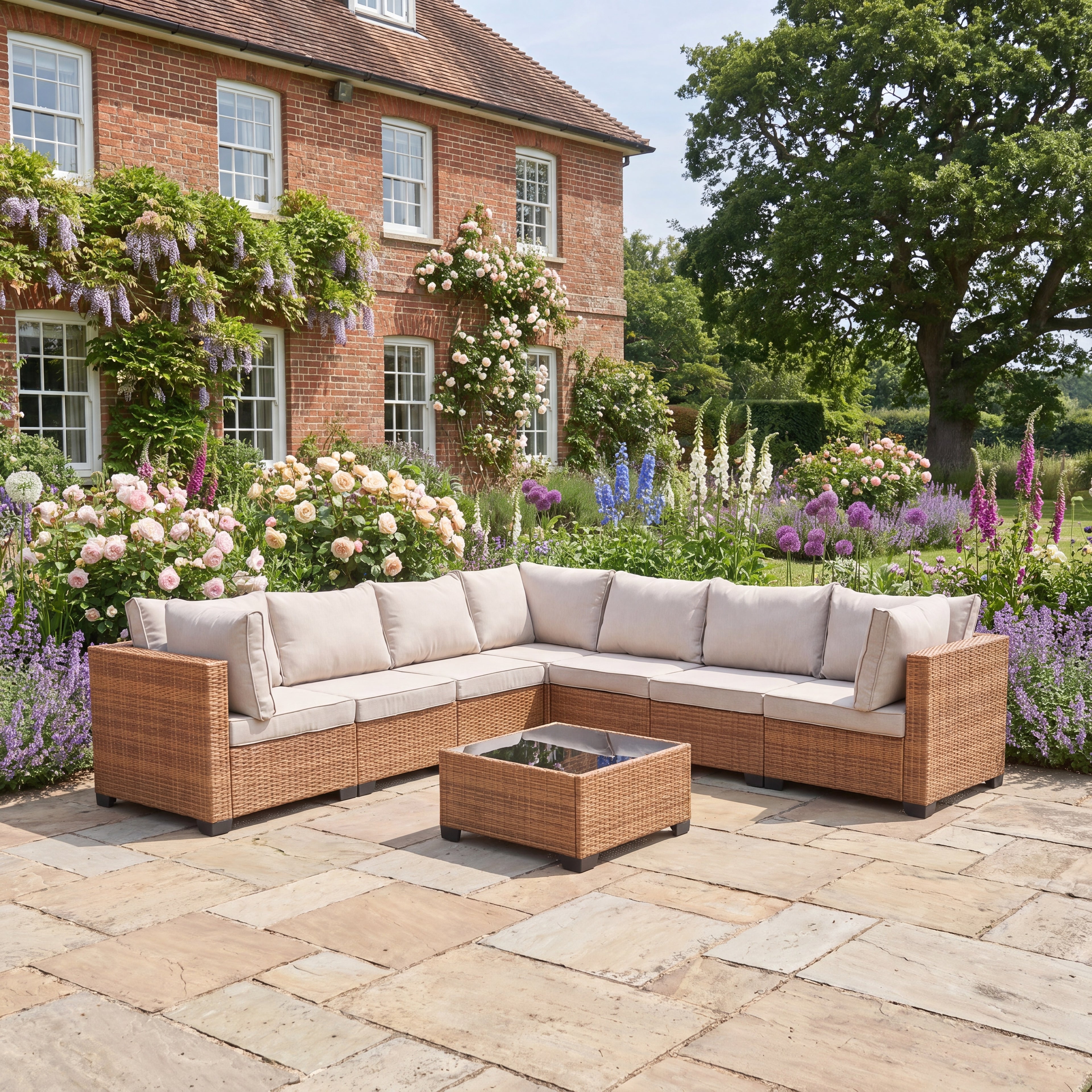Powis - 7 Seat Modular L-Shape Corner Set in Cream & Tan