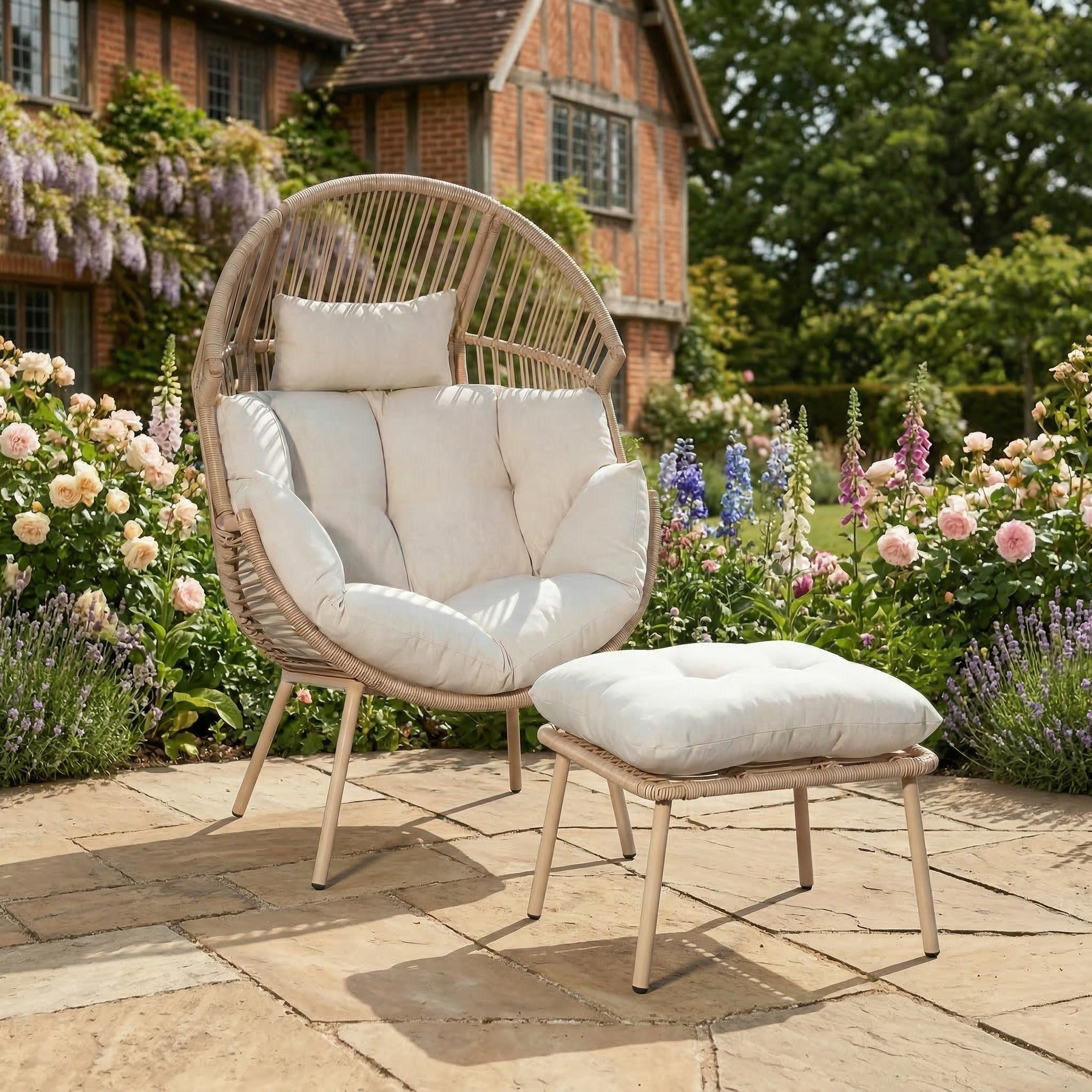 Cragside - Standing Egg Chair & Footstool in Cream on Natural