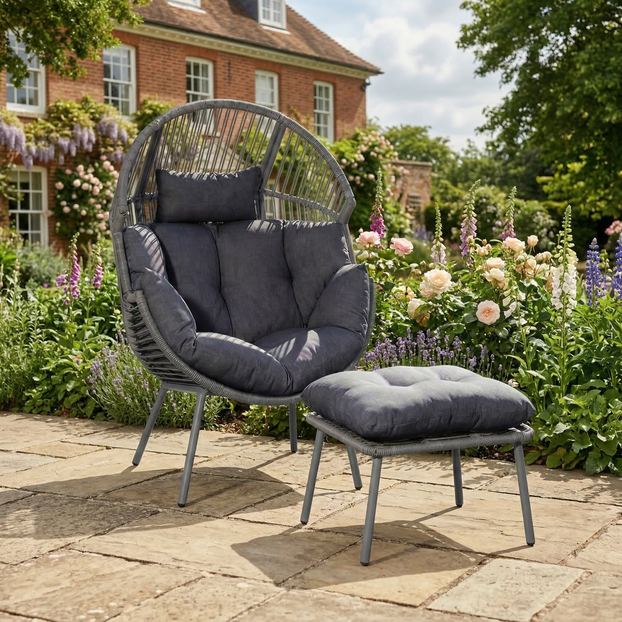 Cragside - Standing Egg Chair & Footstool in Dark Grey on Grey