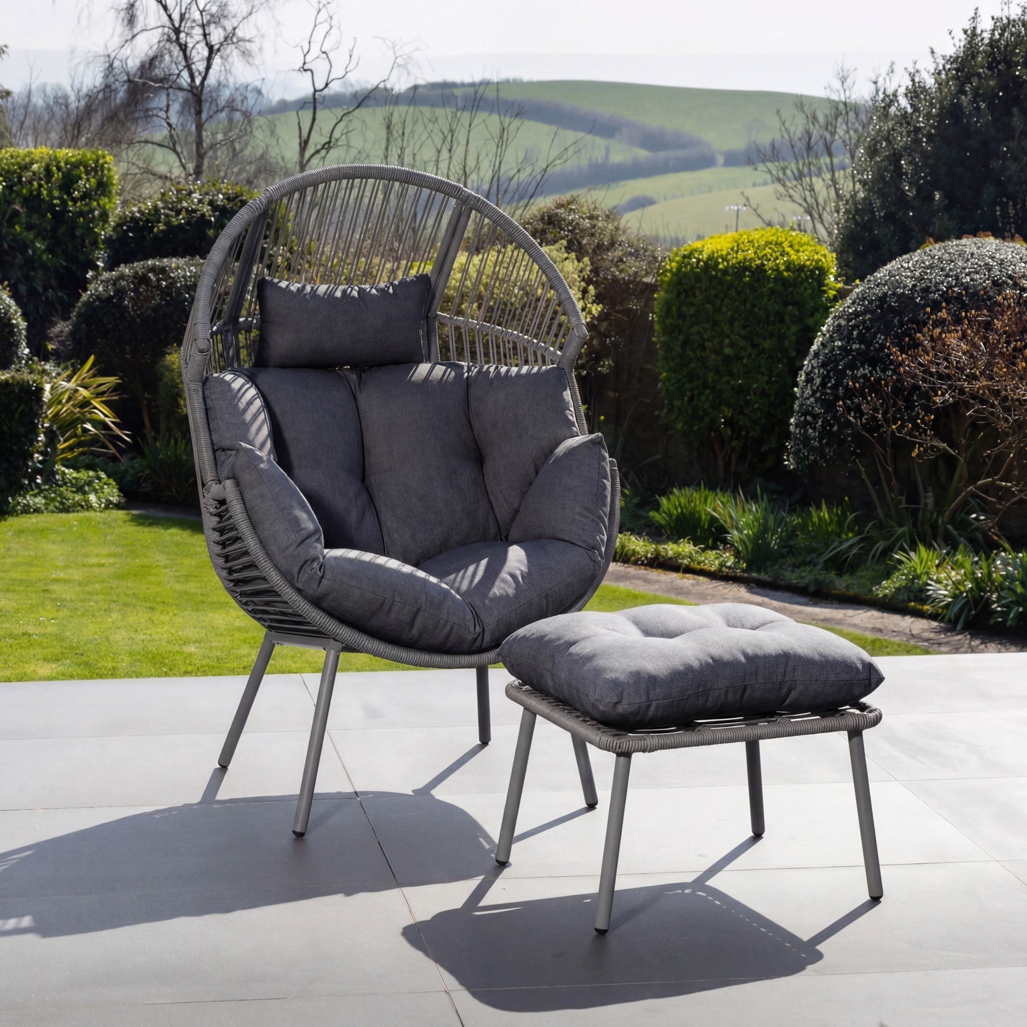 Cragside - Standing Egg Chair & Footstool in Dark Grey on Grey