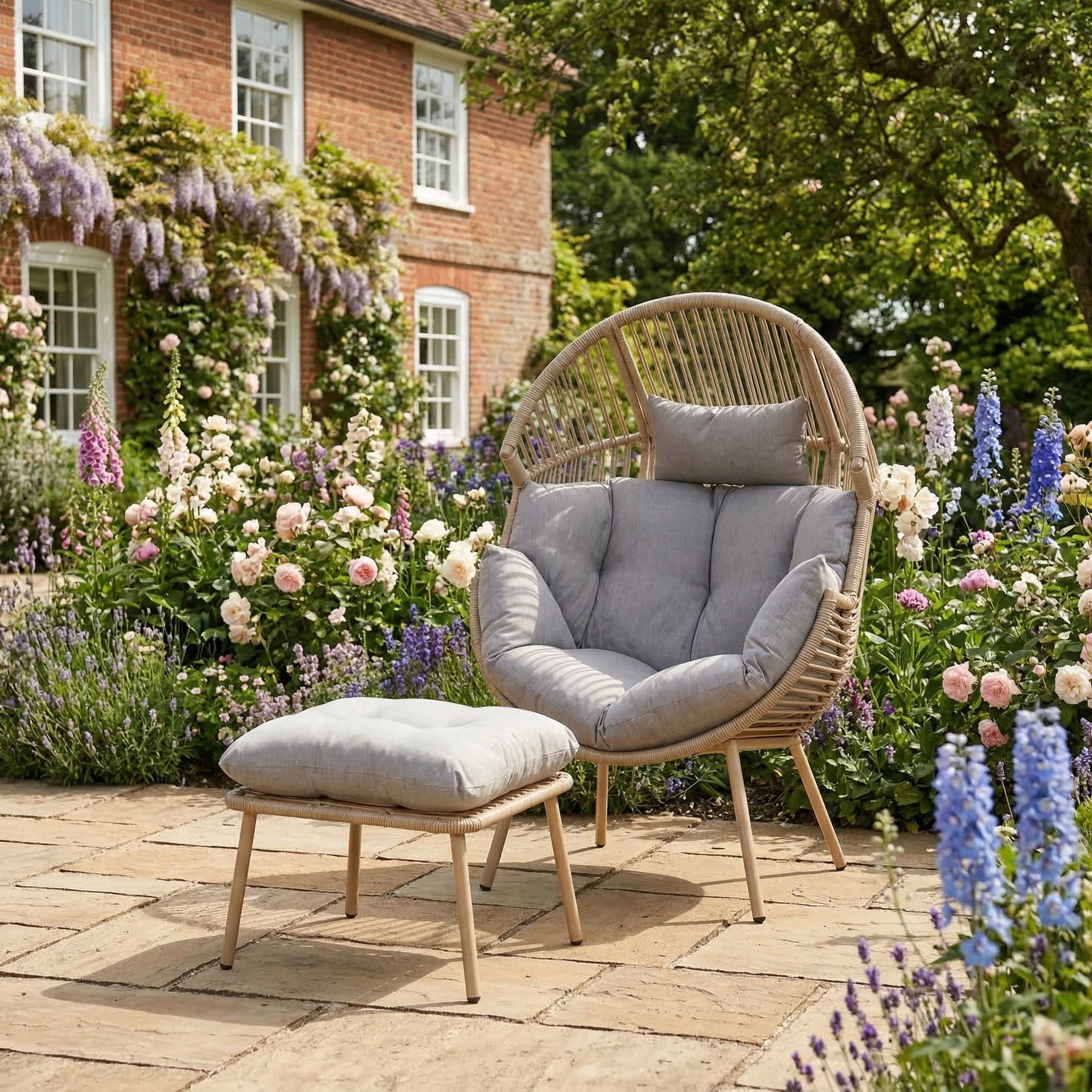 Cragside - Standing Egg Chair & Footstool in Light Brown on Natural