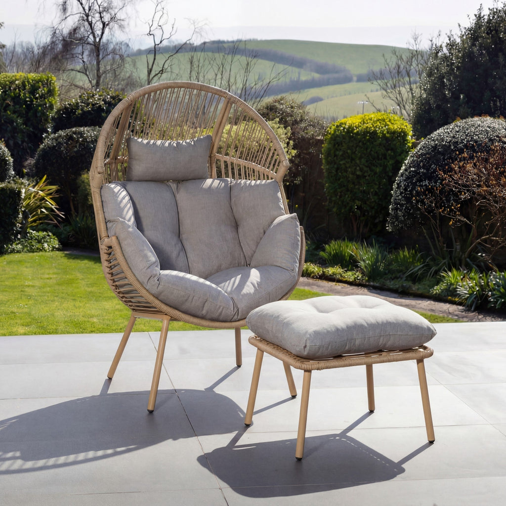 Cragside - Standing Egg Chair & Footstool in Light Brown on Natural