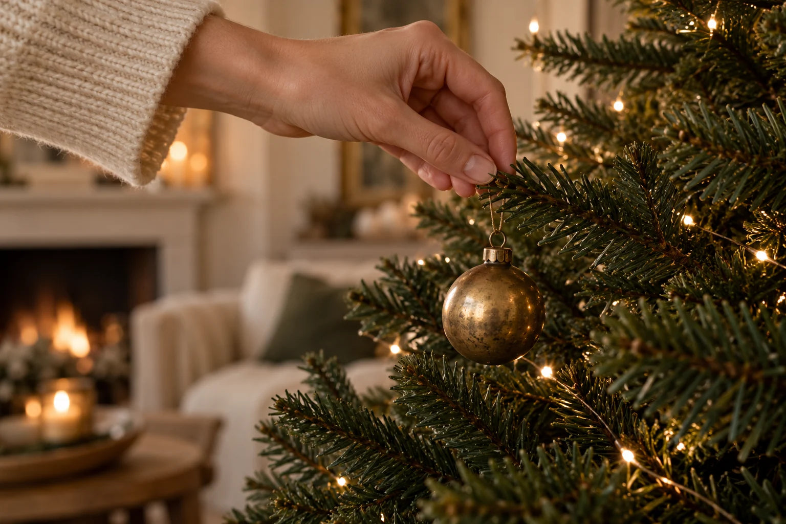 Illustrative close-up of green Christmas foliage and warm festive lights