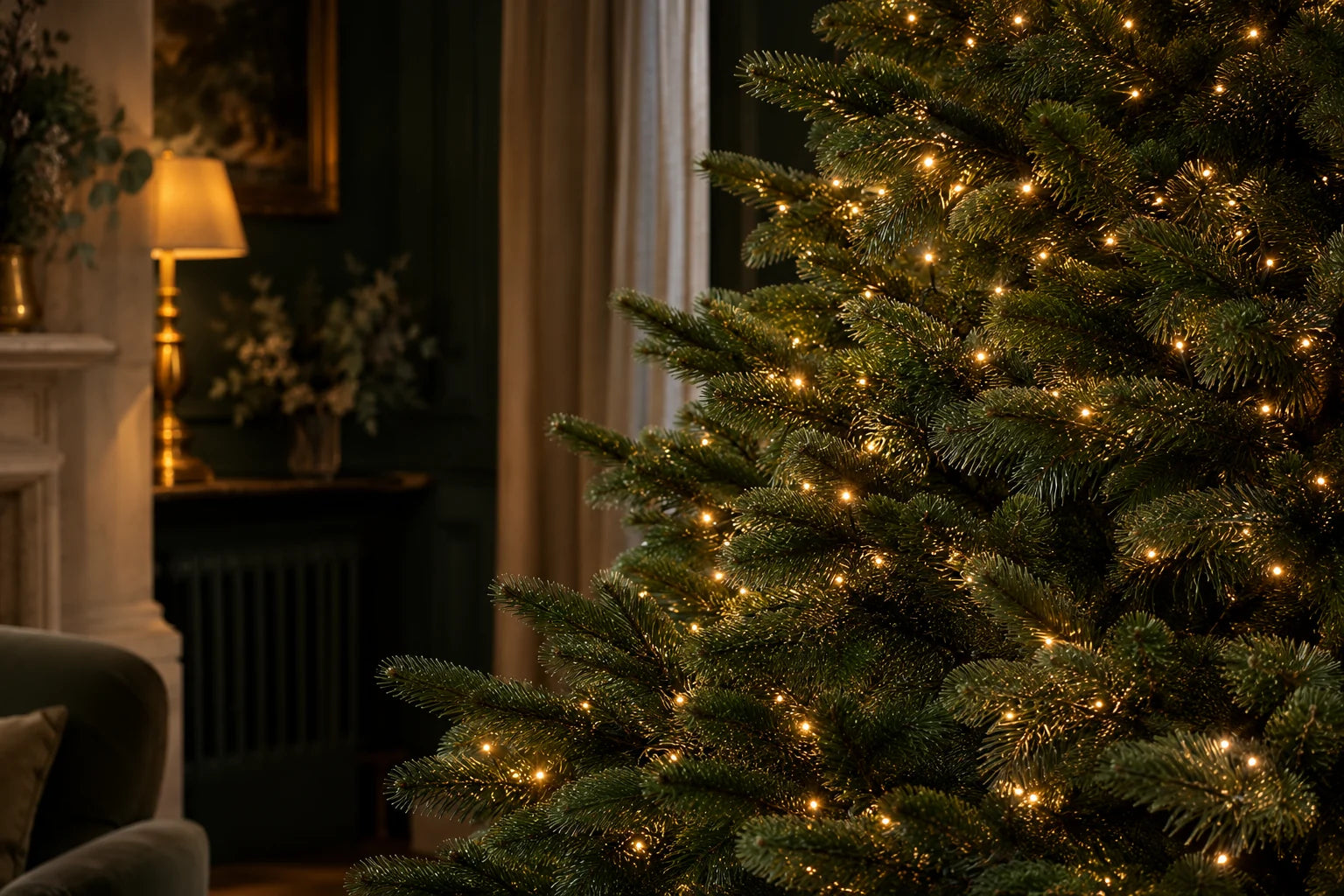 Illustrative Christmas tree lighting in a warmly lit room at dusk