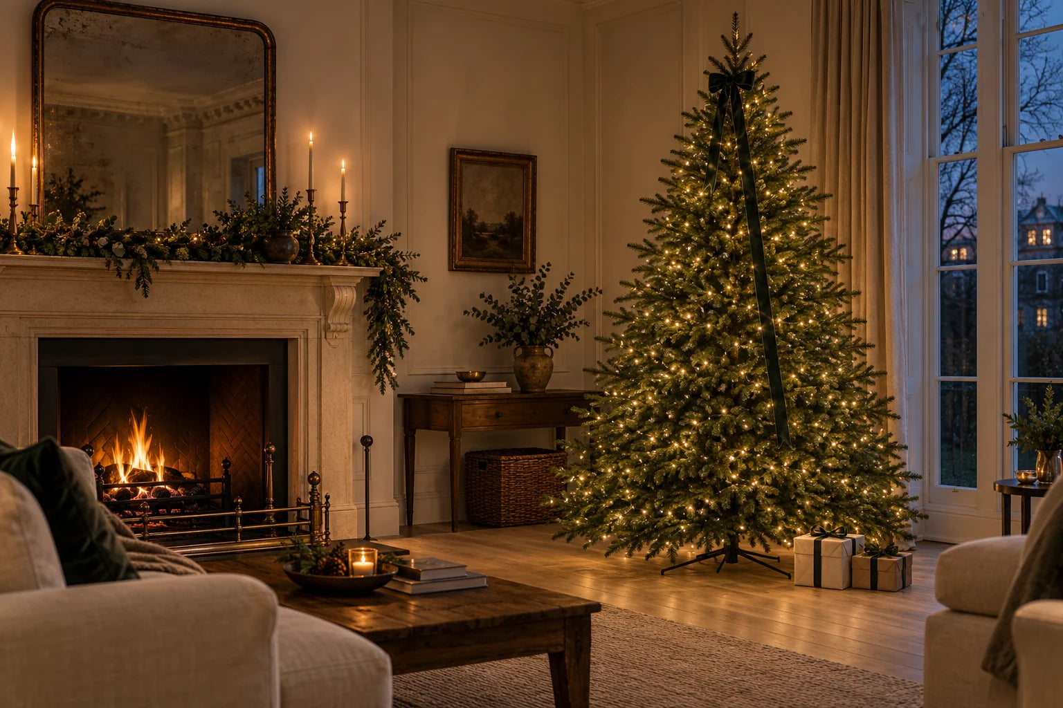 Illustrative Christmas room with warm lighting and festive tree styling